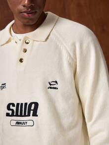 SWAVVY Men's Fashion Letter Pattern Polo Collar Raglan Sleeve Casual Sweater, Autumn/Winter - Apricot - View 6