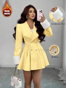 Selianne 女士貂皮翻领袖口腰部 A 字型优雅日常通勤厚羊毛大衣 - 黃色 - 查看 1
