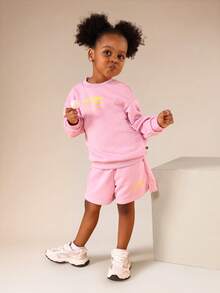 SUMWON Ensemble sweat-shirt à capuche et short rose pour filles sans cordon de serrage et imprimé texte pour un port casual au quotidien - Rose bonbon - Voir 3