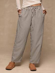 Freevana 大码休闲条纹休闲裤，百搭舒适，居家和度假皆宜 - 彩色 - 查看 1