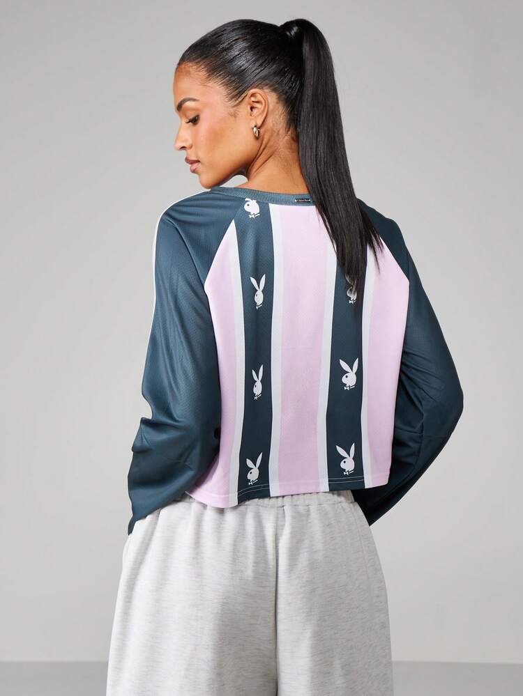 Missguided x Playboy Bunny Logo Striped Long Sleeve Athletic Top V-Neck Football Jersey Style Crop