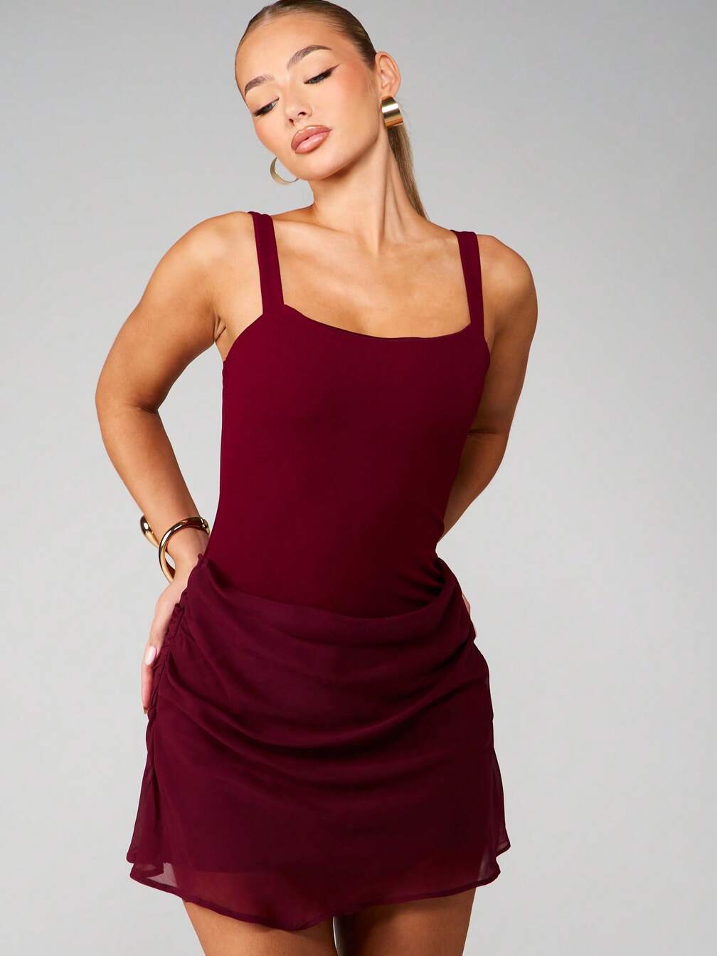 MISSGUIDED Burgundy Square Neck Sleeveless Ruched Mini Dress For Party Evening,XS