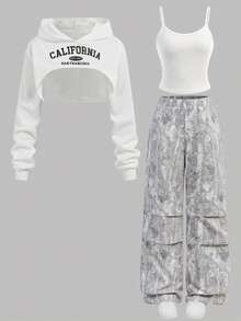 SHEIN Girlism 少女印花连帽衫、吊带背心和裤子休闲套装 - 彩色 - 查看 14