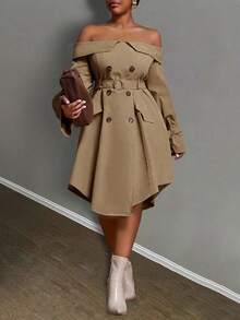 Slaydiva Robe asymétrique à épaules dénudées et double boutonnage pour femmes grandes tailles, couleur unie, robe kaki d'automne pour femmes, robe marron café, robe marron élégante pour femmes - Marron - Voir 8