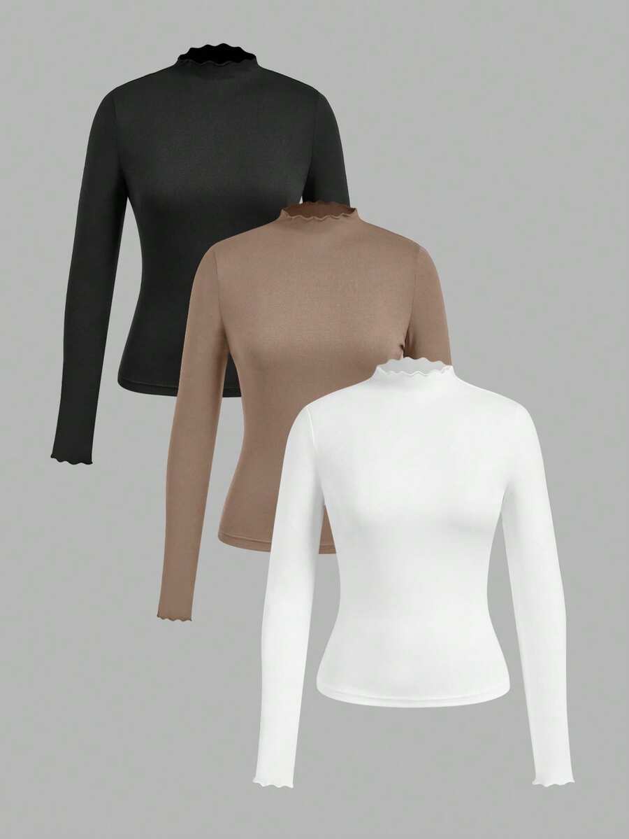 SHEIN EZwear 3件套黑色、卡其色、白色休闲简约修身长袖T恤,秋冬 - 彩色 - 查看 1