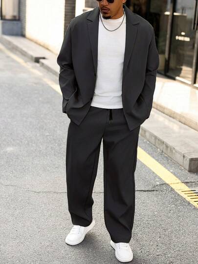 Manfinity CasualCool Plus Size Men Solid Color Lapel Neck Long Sleeve Jacket And Pants Casual Suit Set, Fall Clothes