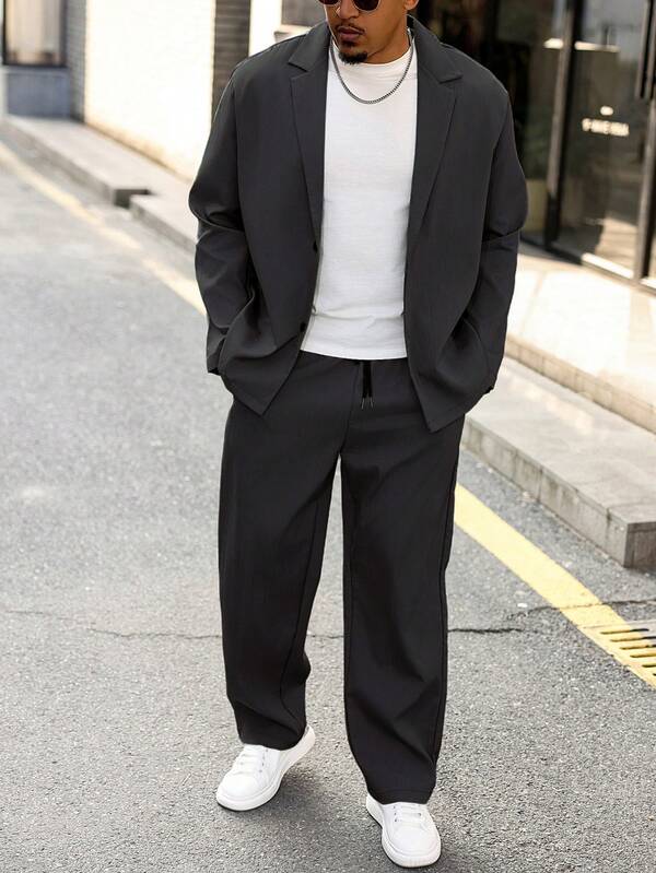 Manfinity Homme 大码男士纯色翻领长袖夹克和裤子休闲西装套装，秋季服装