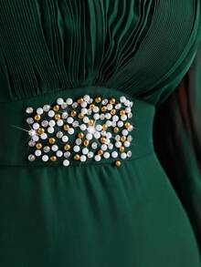 Modelyn Rhinestone Detail Lantern Sleeve Rhinestone Detail Dress Long Evening Dresses - Dark Green - View 6