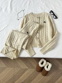 SHEIN Unity 2 件套女士针织毛衣套装，米色，简约，百搭，有线标志设计圆领开衫，休闲，秋冬 - 米色 - 查看 8
