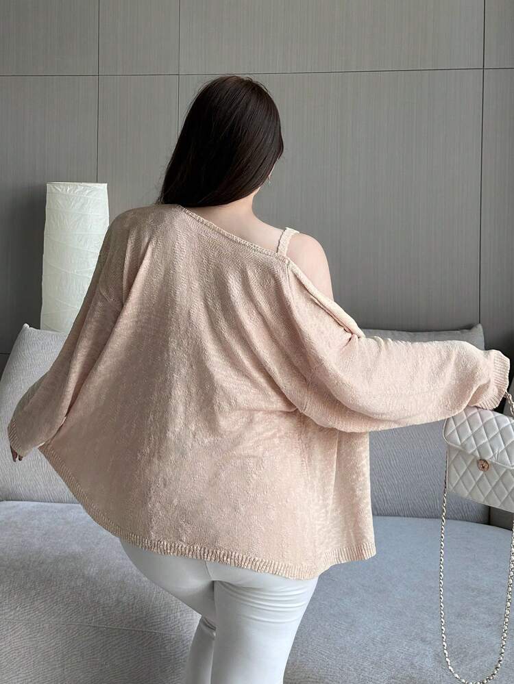 Dazy Plus Plus Size Elegant Solid Color Knit Camisole Cardigan Set
