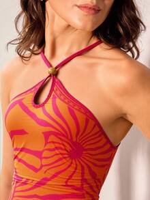 CAJUNI 女式度假条纹褶饰性感露背吊带连体泳衣 - 粉色 - 查看 5