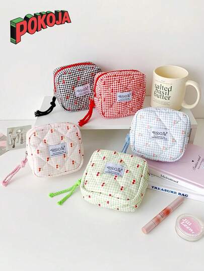 Organizador de viaje con diseño de cereza - Estuche para lápiz labial, toallas sanitarias y auriculares