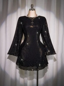 SHEIN ICON Paillettenkleid mit drapiertem Ausschnitt, rückenfreiem Design und Glockenärmeln, A-Linie, Partykleid, elegantes Abendkleid, geeignet für Weihnachten, Halloween - Schwarz - Übersicht 4
