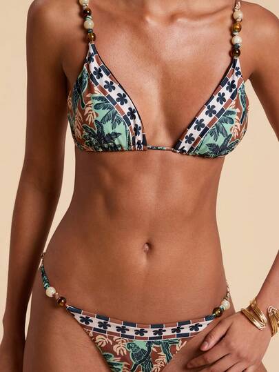 Travachic All-Over Print Beaded Decorated Bikini Set With Matching Skirt, Bikini Skirt Set, Tropical Two Piece Set, Chic Beach Skirt Set, New Year, Thanksgiving, Christmas Outfit, Beach Swimsuit, Beach,Beach Outfit For Women,Beach Set ,Beach Outfits For Women ,Beach Fashion,Women's Beach Fashion