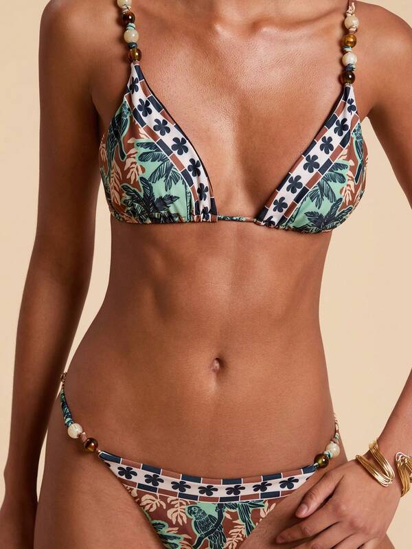 Travachic All-Over Print Beaded Decorated Bikini Set With Matching Skirt, Bikini Skirt Set, Tropical Two Piece Set, Chic Beach Skirt Set, New Year, Thanksgiving, Christmas Outfit, Beach Swimsuit, Beach,Beach Outfit For Women,Beach Set ,Beach Outfits For Women ,Beach Fashion,Women's Beach Fashion