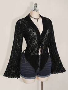 SHEIN ICON 加大码女式生菜边不对称下摆透明喇叭袖单排扣性感衬衫（不含胸罩） - 黑色 - 查看 5