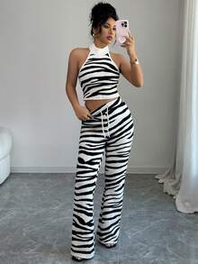 Rafferiza Women's Stand Collar Sleeveless Backless Fashionable Knit Zebra Print Crop Top Set - Black and White - View 4