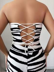 Rafferiza Women's Stand Collar Sleeveless Backless Fashionable Knit Zebra Print Crop Top Set - Black and White - View 5