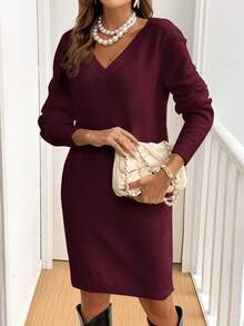 SHEIN Frenchy Váy len ngắn tay dài viền bèo nhún ren cho nữ mùa thu/đông - Màu Hồng Tươi - Xem 4