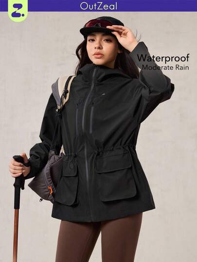 OutZeal Women Water-Resistant Multi Pockets Drawstring Waist Black Outdoor Shell Jacket Hiking Camping Fall Winter
