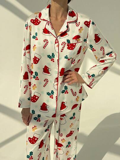 Aloruh 女式圣诞帽印花长袖纽扣衬衫和裤子休闲两件套