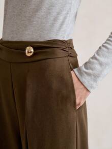Aalyst Women's Elegant,Luxurious Dark Green Autumn Trousers,Work Office Minimalist Wide Leg Linen Fabric Pants With Waist Pleats,Metal Decor For Spring - Brown - View 1
