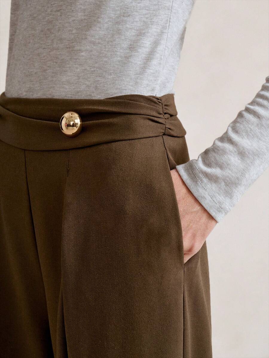 Aalyst Women's Elegant,Luxurious Dark Green Autumn Trousers,Work Office Minimalist Wide Leg Linen Fabric Pants With Waist Pleats,Metal Decor For Spring - Brown - View 1