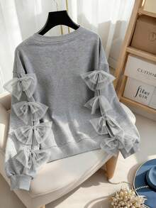 Franclia Plus Size Women Elegant Long Sleeve Solid Color Bow Sweatshirt, Autumn/Winter - Grey - View 2