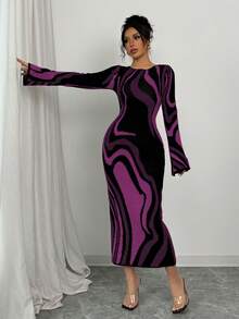 Elenzga Women's Color Block Fitted Waist All-Over Print Long Sleeve Sweater Dress - Purple - View 7