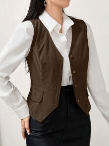 Modelyn Rompi Kasual Wanita Warna Polos Leher V Kancing Tunggal, Musim Gugur - Mocha Brown - View 5