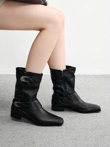 CUCCOO BIZCHIC Women's Buckle Design Pointed Toe Chunky Heel Mid-Calf Boots, Fashionable For Daily Wear - Black - View 4