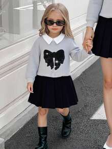 Autumn Back-To-School Career Day Girls Gray Shiny Beaded Bow Collar Long Sleeve Sweatshirt+Black Pleated Skirt Set,Collegiate Style Collegiate Suit - Multicolor - View 1