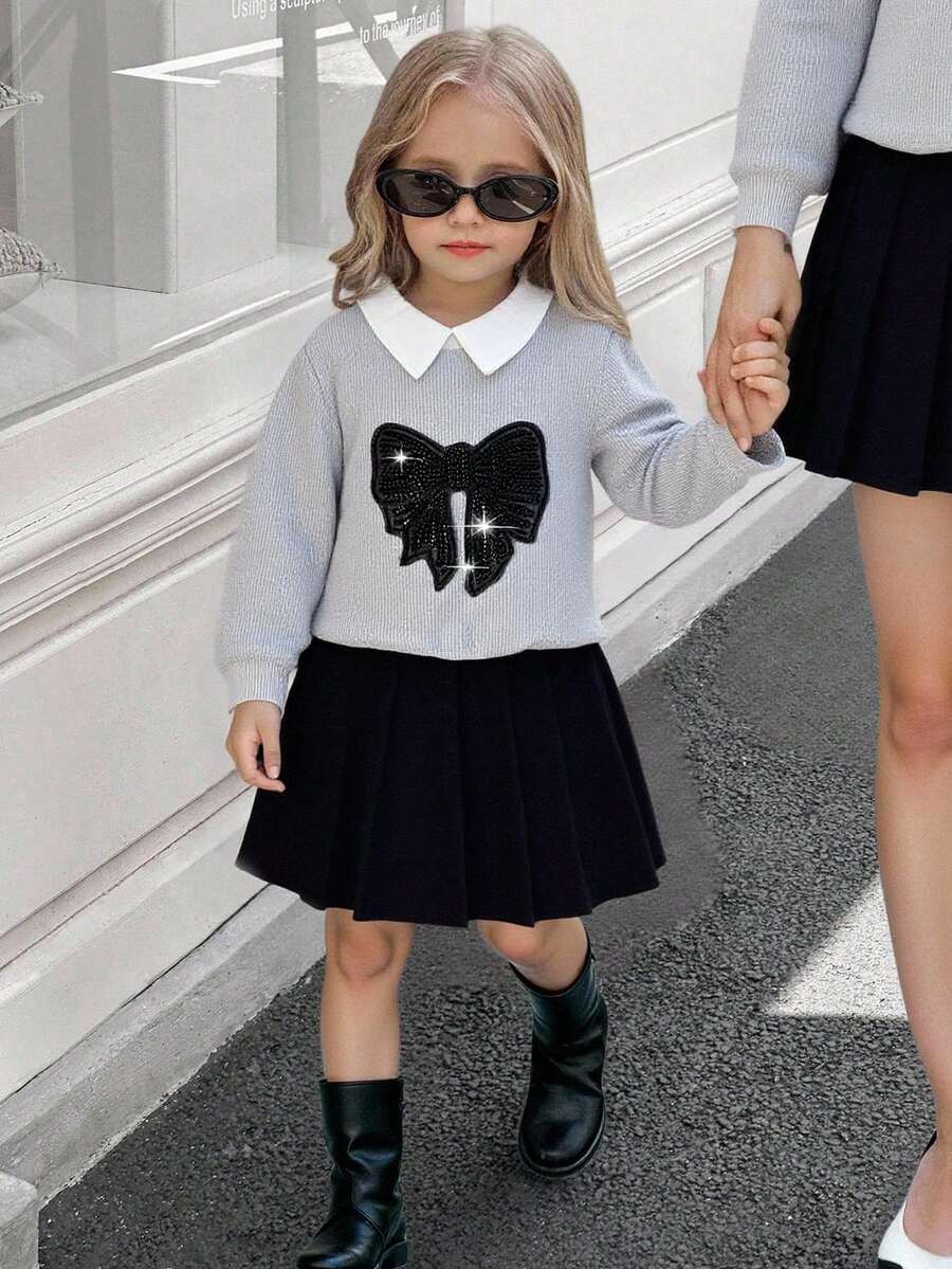 Autumn Back-To-School Career Day Girls Gray Shiny Beaded Bow Collar Long Sleeve Sweatshirt+Black Pleated Skirt Set,Collegiate Style Collegiate Suit - Multicolor - View 1