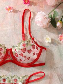 Women's Red Strawberry Embroidery Bowknot Sheer Lace Lingerie Set, Sweet & Playful, Suitable For Dates And Holidays - Multicolor - View 4