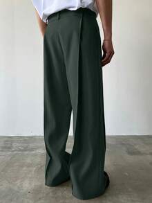 Manfinity Hypemode Men's Solid Color Toothpick Stripe Design Loose Fit Casual Pants Wide Leg Pants - Army Green - View 2
