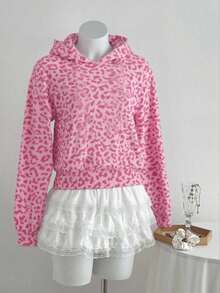 SHEIN EZwear Printed Pink Cute Leopard Pattern Loose Fit Comfortable Sweatshirt, Suitable For Autumn/Winter, Street Style, Airport Style, Chic, Y2K - Multicolor - View 6