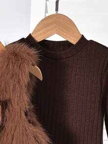 SHEIN Set Long Sleeve Girls Vintage Brown Bow Furry Vest And Turtleneck Colorblock Plaid Pleated Dress, Sweet & Cute Daily, Party - Multicolor - View 7