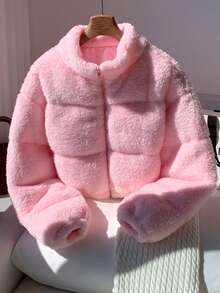 Comfortcana Áo khoác cắt gấu giả lông cừu màu trơn dành cho nữ, Thu/Đông - Hồng - Xem 4