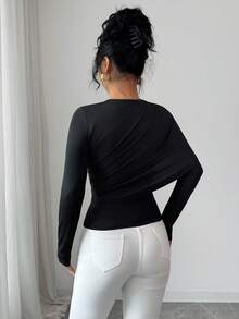 Rafferiza Women's Solid Color Round Neck Long Sleeve Ruched Fitted Fashion T-Shirt Long Sleeve Black Top Women Long Sleeve Tops Black Sexy Tops Full Sleeve Tops - Black - View 2
