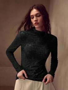 MOTF PREMIUM ELEGANTE CAMISETA INTERIOR DE MANGA LARGA CON CUELLO ALTO TRANSPARENTE PARA MUJER - Negro - Ver 4