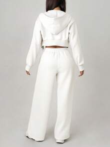 SHEIN PETITE Casual Solid Color Hoodie And Sweatpants Set - White - View 2