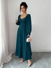 Elenzga 女士优雅方领泡泡袖束腰长裙，适合日常通勤 - 水鴨藍 - 查看 6