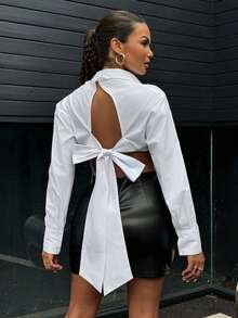DAZY Women's Backless Bowknot Loose Blouse Long Sleeve Women School - White - View 1