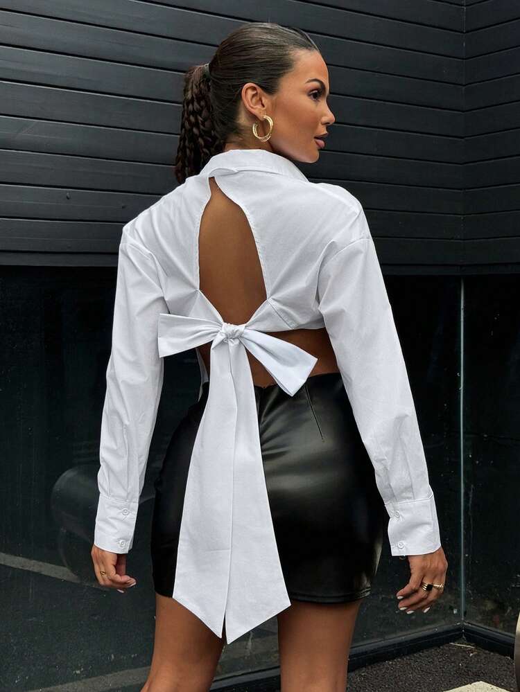 Women's Backless Bowknot Loose Blouse Long Sleeve Women