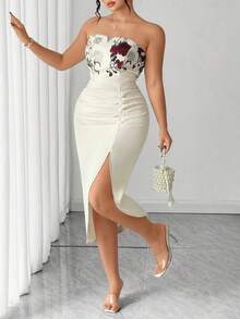 Elenzga Plus Size Beige Elegant Floral Print Strapless Dress, Summer Slim Fit Slit Waist Mesh Ruffle Hem Gown For Parties, Weddings & Galas - Apricot - View 5