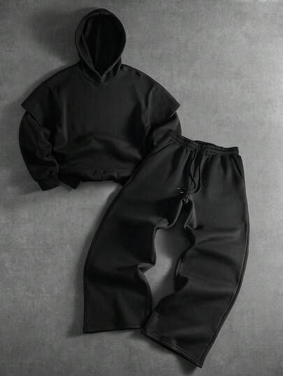 PAVTROS Men's Casual Solid Color Hoodie Set Black Clothes Black Two Piece Set Men Designer Sweatsuit Men S Techwear
