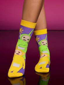 Teletubbies X SHEIN 2Pairs Soft & Breathable Moisture-Wicking Casual Women Mid-Calf Socks With Cute Cartoon Pattern Fashionable Pink & Purple Crew Socks Reinforced Toe & Heel For Durability All Season All-Match Summer Winter