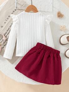 4-7Y Girls Casual Sweet White Knit Jacquard Bow Decor Ruffle Trim Long Sleeve Crew Neck Top & Pink Corduroy Elastic Waist Pleated Skirt, Suitable For Daily Wear, Casual Outing - Multicolor - View 2