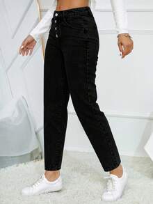 SHEIN Essnce Damen Einfarbige Lässig Alltagsjeans mit Gürtel - Schwarz - Übersicht 6