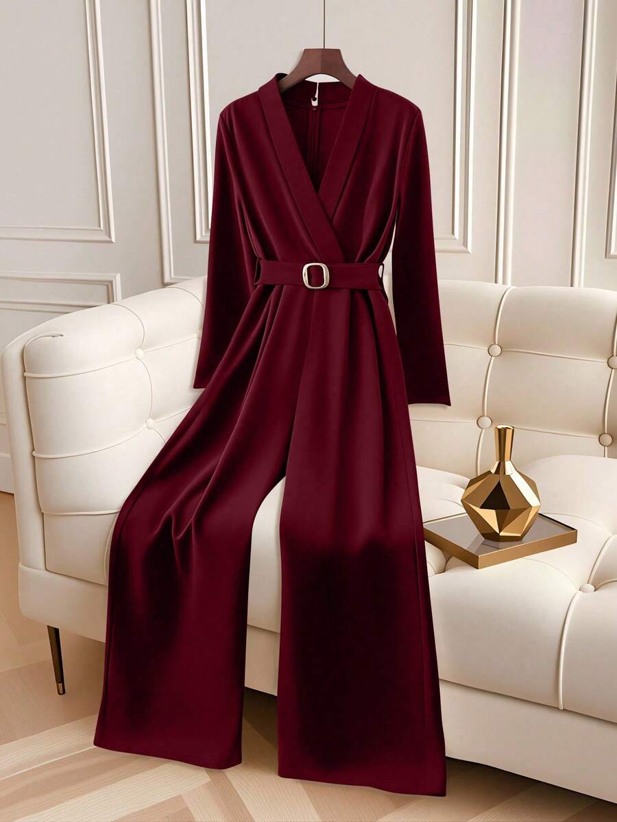GlowEve Women's Elegant Wrap-Around Long Sleeve Jumpsuit With Waist Cinching - Burgundy - View 1